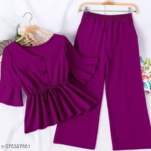 Stylish Poly Crepe Top & Bottom Set – Lightweight & Trendy || Girls Top and Bottom Solid Printed Set || Clothing Set For Girls || Solid Printed Top and Bottom Set