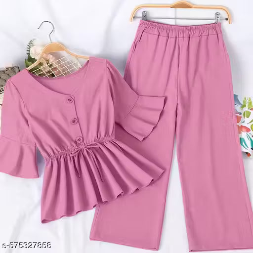 Stylish Poly Crepe Top & Bottom Set – Lightweight & Trendy || Girls Top and Bottom Solid Printed Set || Clothing Set For Girls || Solid Printed Top and Bottom Set