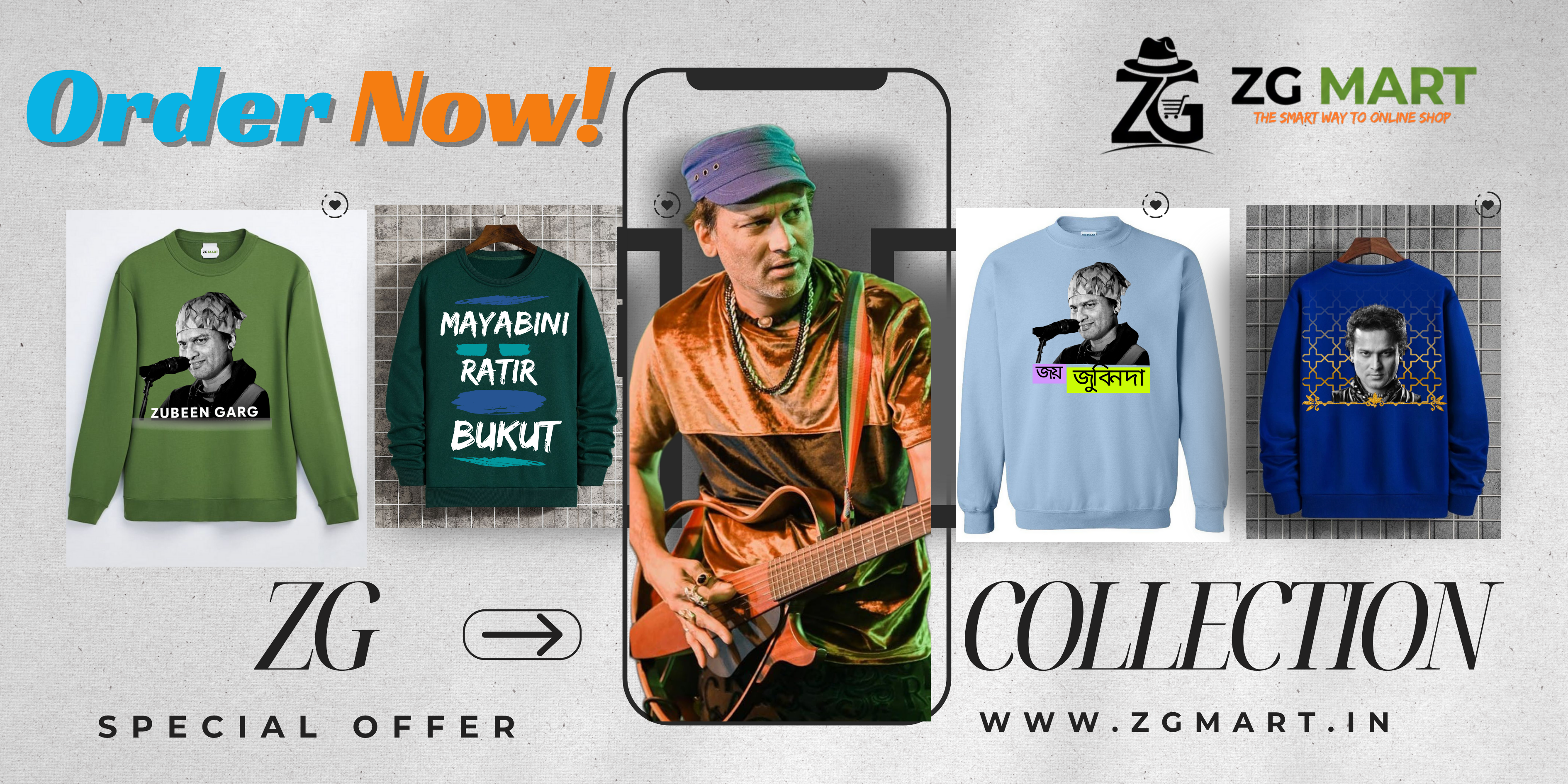 Promotional banner for ZG Mart with branded shirts and a phone displaying an artist, set against a light gray background.